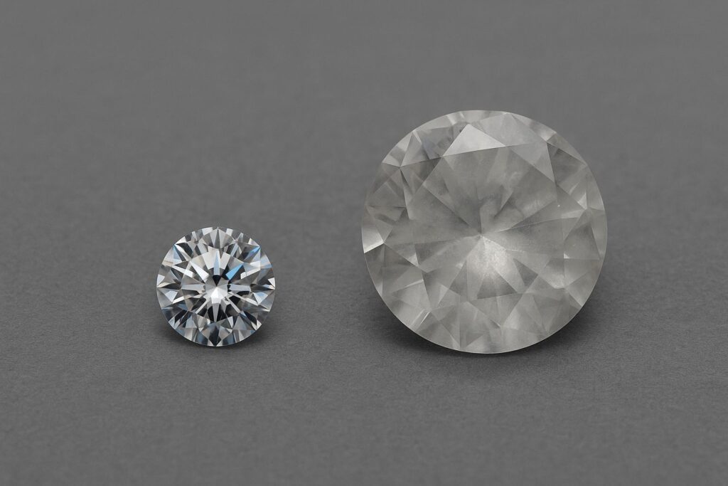 Comparison of a small well-cut diamond and a larger poorly cut diamond.