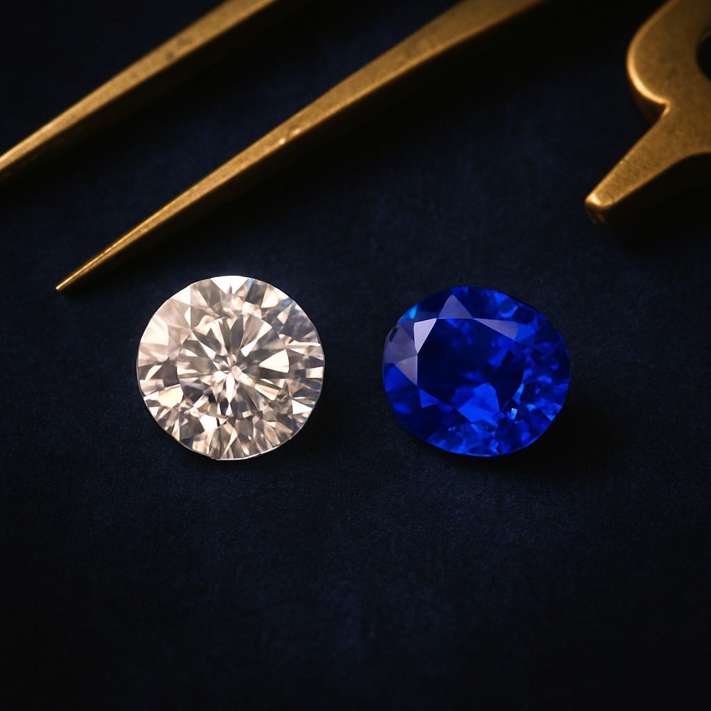 Diamond and sapphire displayed together on a velvet background, symbolising gemstone myths and truths.
