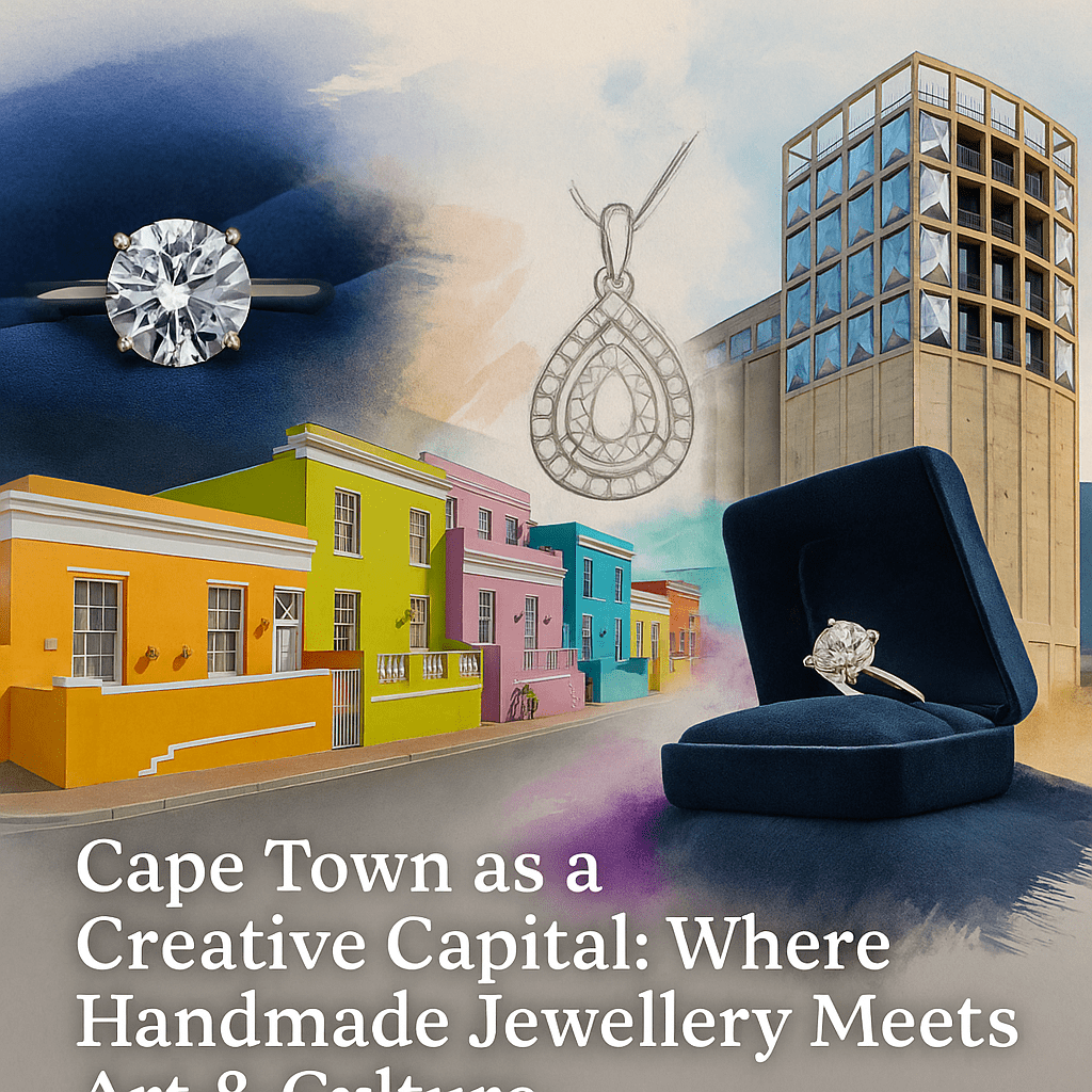 A creative collage thumbnail featuring a diamond ring in a navy box, colourful Bo-Kaap houses, Zeitz MOCAA, and a pendant sketch, symbolising Cape Town’s fusion of art, culture, and handmade jewellery.