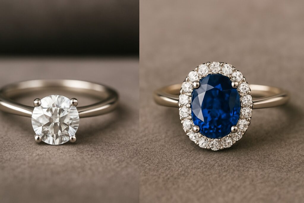 Diamond solitaire ring and coloured gemstone engagement ring side by side.