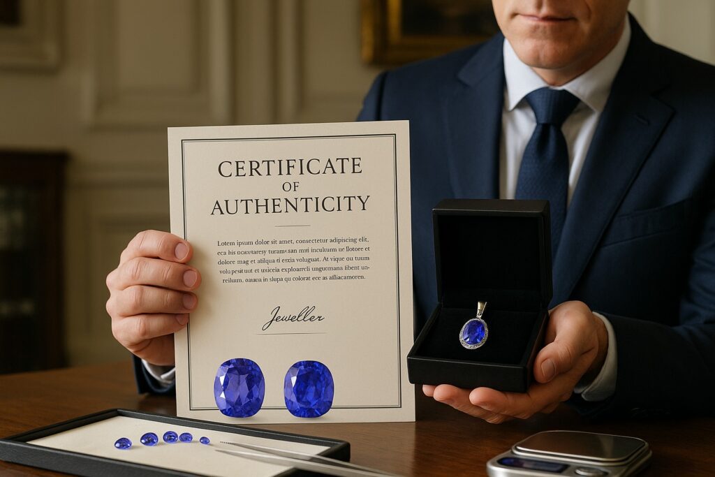 Jeweller presenting tanzanite and certificate of authenticity in a heritage showroom.