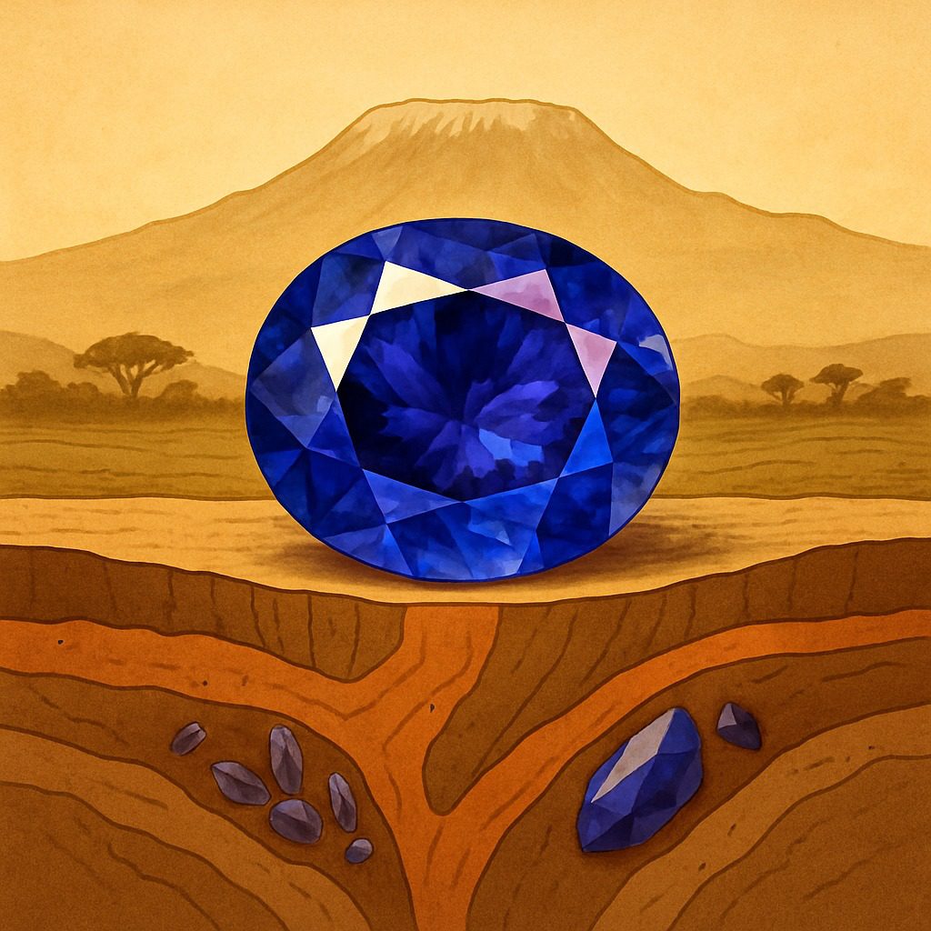 Thumbnail image of a Tanzanite gemstone over a geological cross-section of East Africa with Mount Kilimanjaro, symbolising its rare formation.
