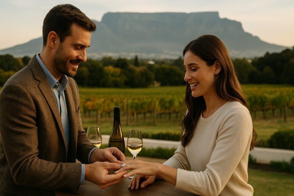 Couple exchanging a diamond ring at a Cape Town wine estate with Table Mountain in the background.