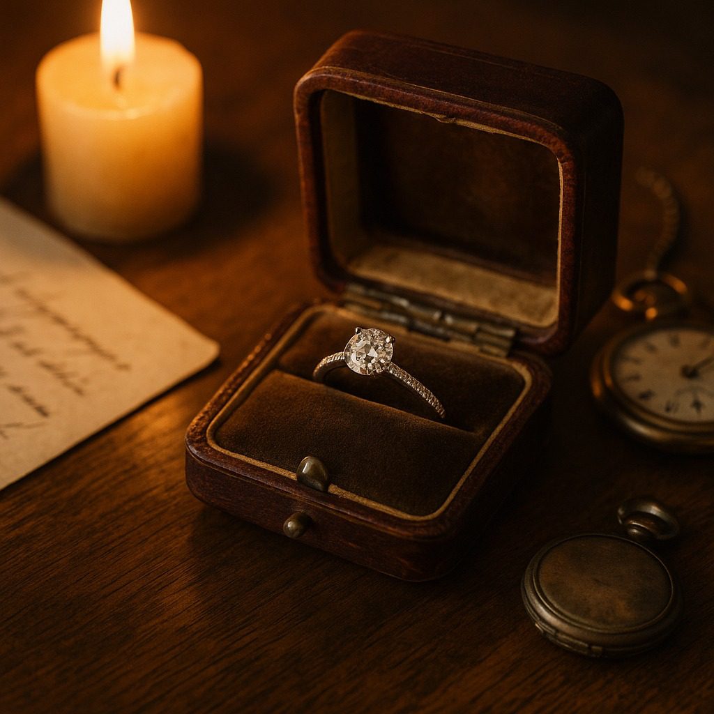 Antique jewellery box with heirloom ring and vintage objects, symbolising heritage.