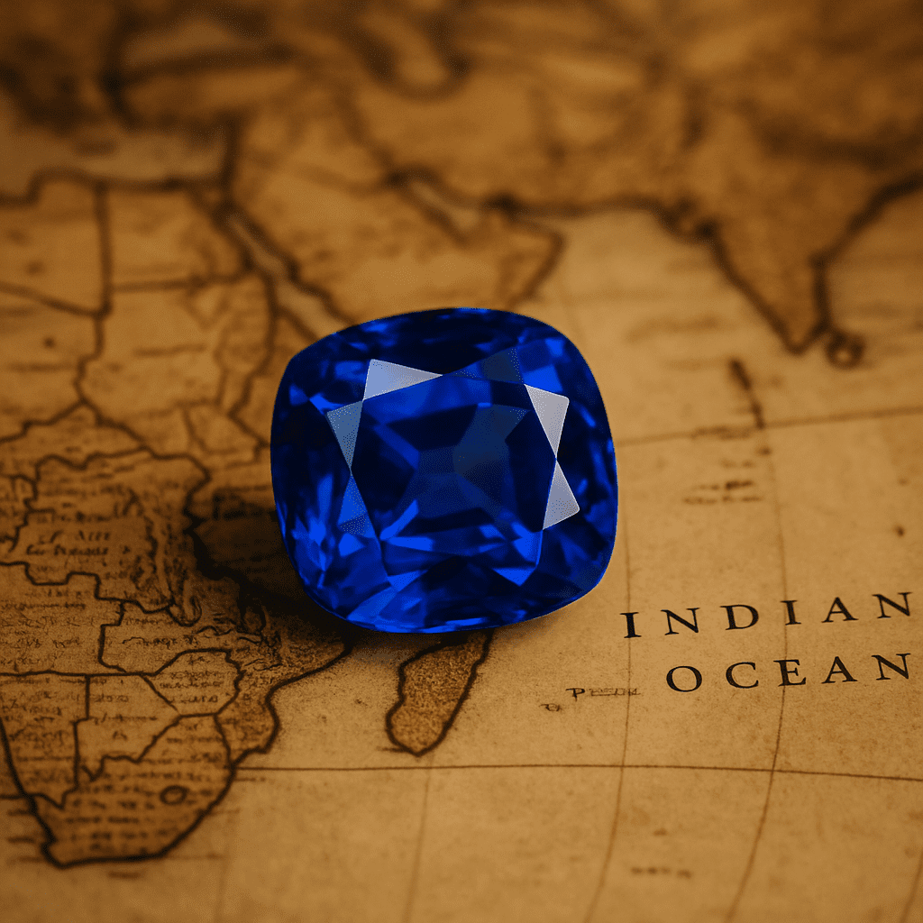 A vivid blue sapphire placed on an antique world map, symbolising the global origins of sapphires.