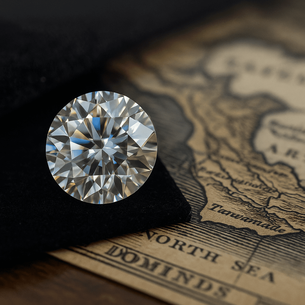 A round brilliant-cut diamond sparkles on black velvet beside a sepia-toned vintage map of Africa, its facets reflecting white, blue, and yellow light.