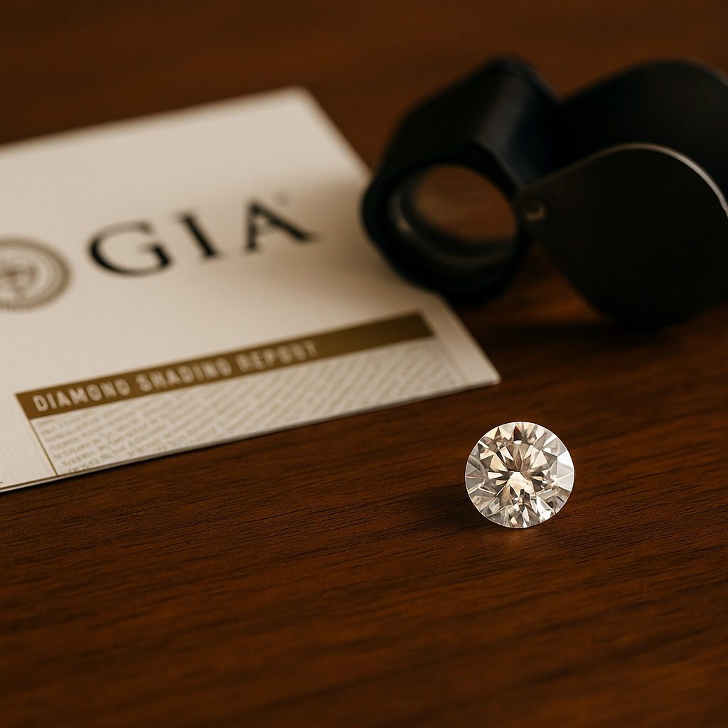 Loose diamond displayed beside a GIA certificate and jeweller’s loupe.