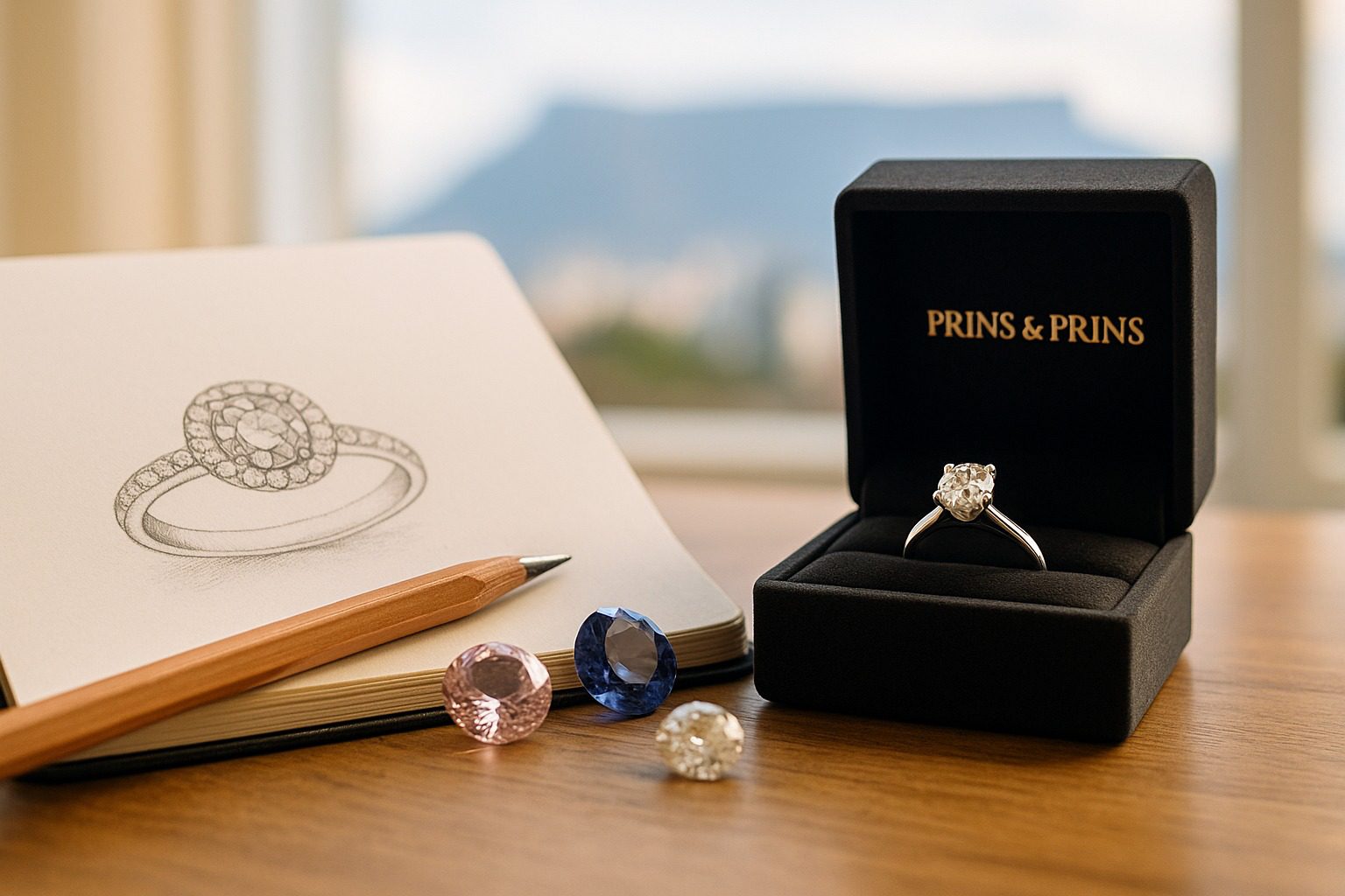 Jeweller’s sketch of an engagement ring beside a finished ring in a Prins & Prins box with Cape Town daylight in the background.