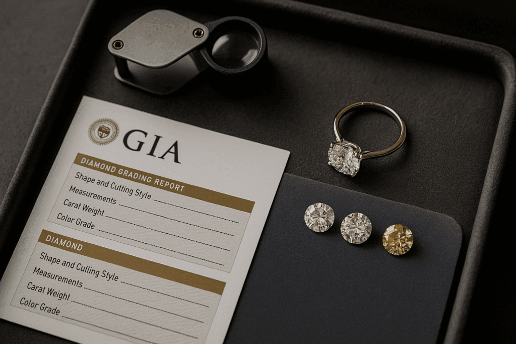 A diamond engagement ring, jeweller’s loupe, and GIA grading report arranged on a velvet tray, symbolising expertise, certification, and trust.