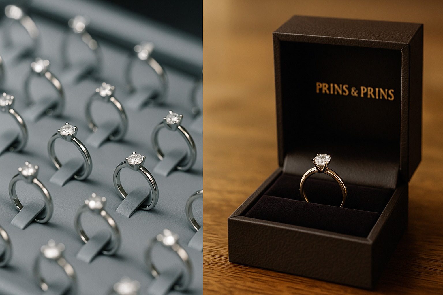 Comparison of mass-produced rings and a bespoke diamond ring in a Prins & Prins signature box.