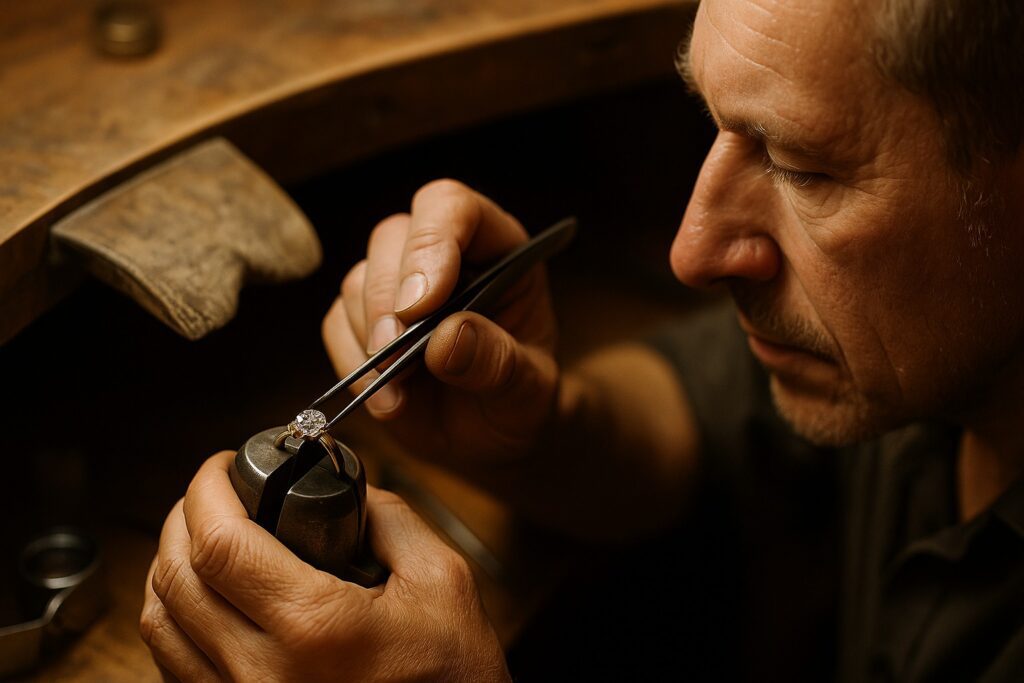 Goldsmith setting a diamond into a bespoke ring.