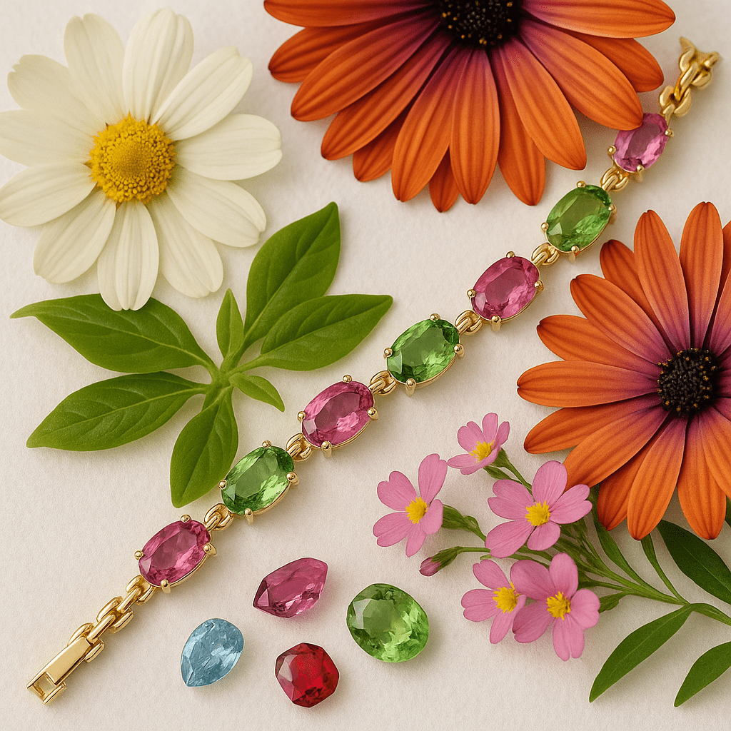 A gold bracelet set with alternating oval pink and green tourmalines is displayed among Cape spring wildflowers, including daisies and blossoms, on a soft white background.