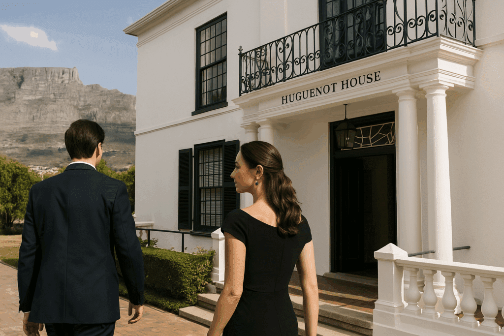 An elegant couple approaches the entrance of Huguenot House in Cape Town, with Table Mountain visible in the background; the woman wears sapphire earrings and a black gown, while her companion is dressed in a navy suit, creating a scene of heritage and luxury.