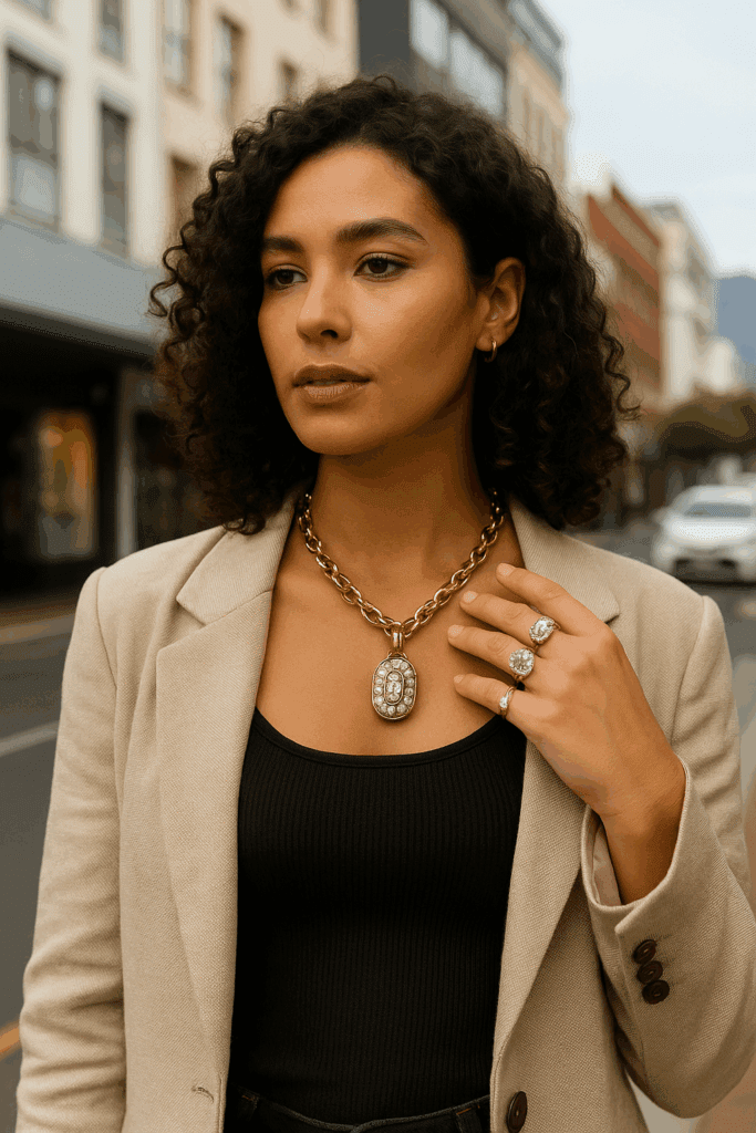 A young woman with curly dark brown hair stands on a Cape Town street wearing layered vintage diamond rings and a bold antique gold necklace, styled with a beige blazer and black top.
