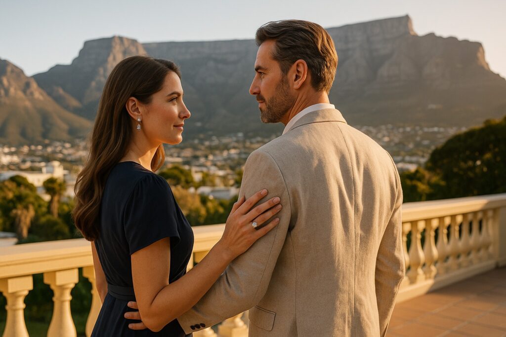 Luxury couple in Cape Town with Table Mountain view, woman wearing a diamond ring.