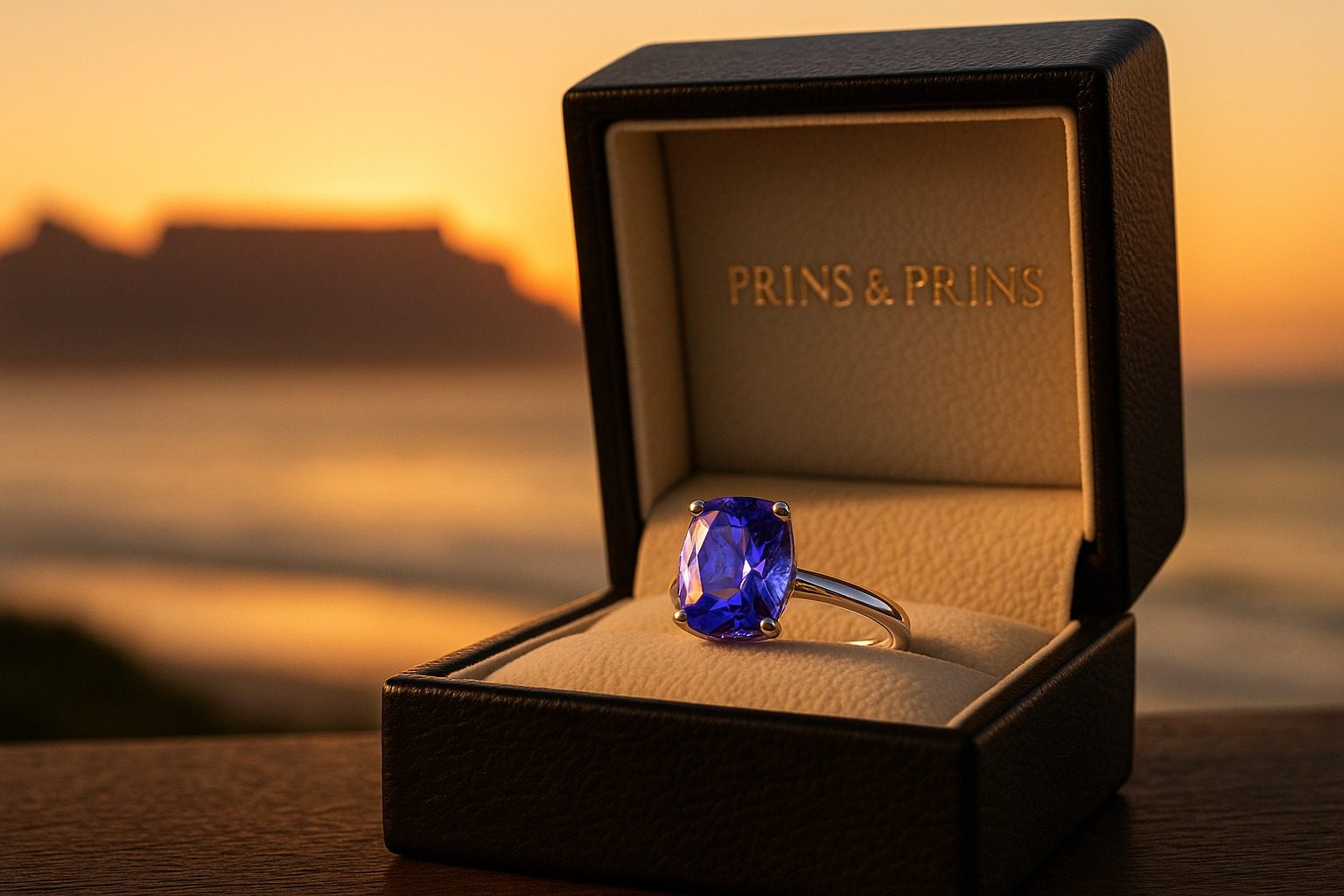 Tanzanite engagement ring in a Prins & Prins signature box with Table Mountain in the background.