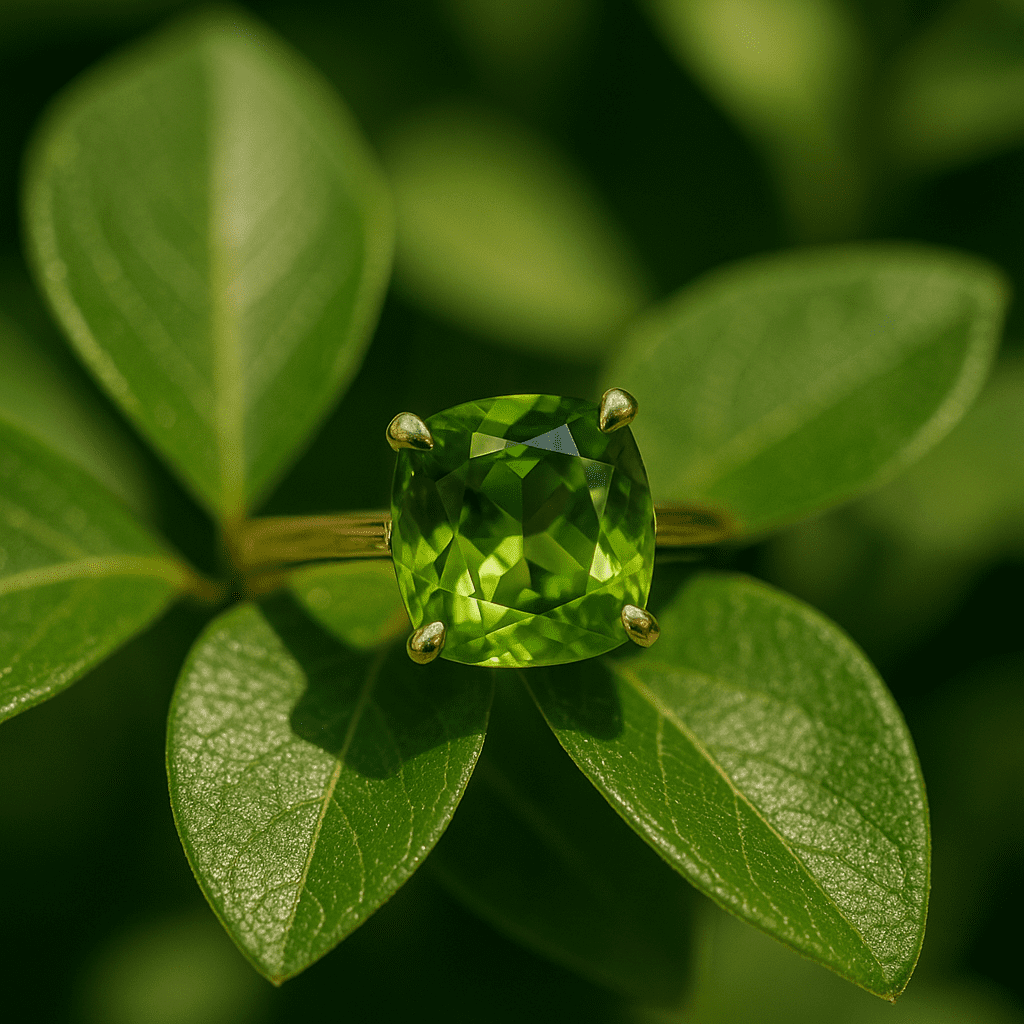 A cushion-cut peridot ring in a yellow gold setting rests on fresh green leaves, sunlight highlighting the gem’s vibrant green and yellow tones.