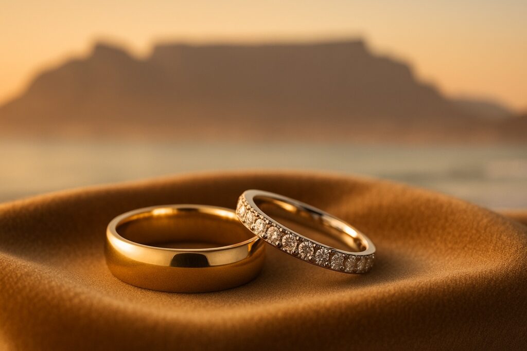 Classic gold and diamond wedding rings on velvet with Table Mountain in the background.
