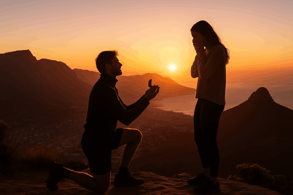 A man kneels to propose with an open ring box on Lion’s Head at sunrise, silhouetted against golden light, as the woman reacts emotionally overlooking Cape Town and the ocean.