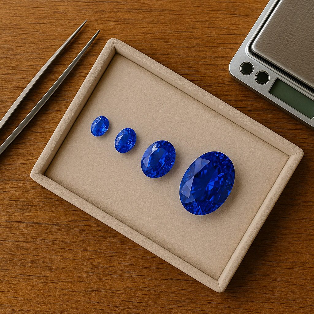 Tanzanite gemstones arranged by increasing carat size on a jeweller’s tray.