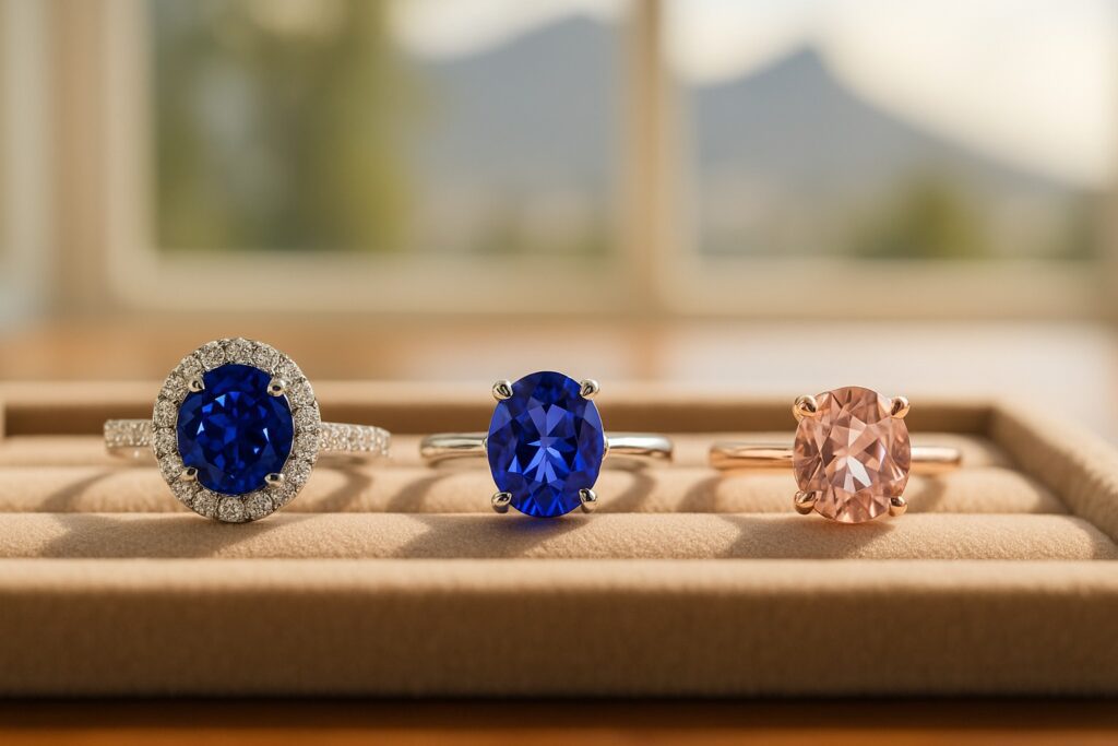 Sapphire, tanzanite, and morganite engagement rings displayed on a velvet tray with Cape Town daylight in the background.