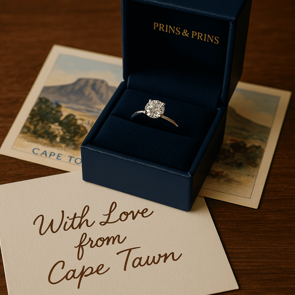 A Prins & Prins navy blue jewellery box with a diamond engagement ring inside, placed on a Cape Town postcard with a handwritten note reading “With Love from Cape Town.”