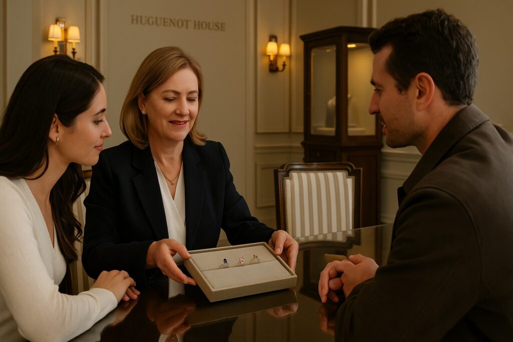Consultant presenting sapphire, tanzanite, and morganite rings at Huguenot House.
