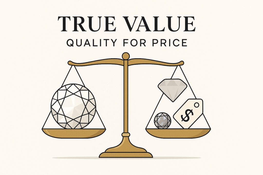 Scales balancing diamond quality against low price, symbolising true value.