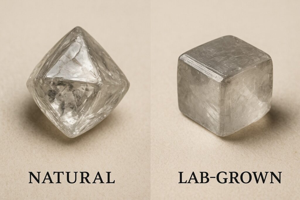 Comparison of natural rough diamond and a lab-grown diamond