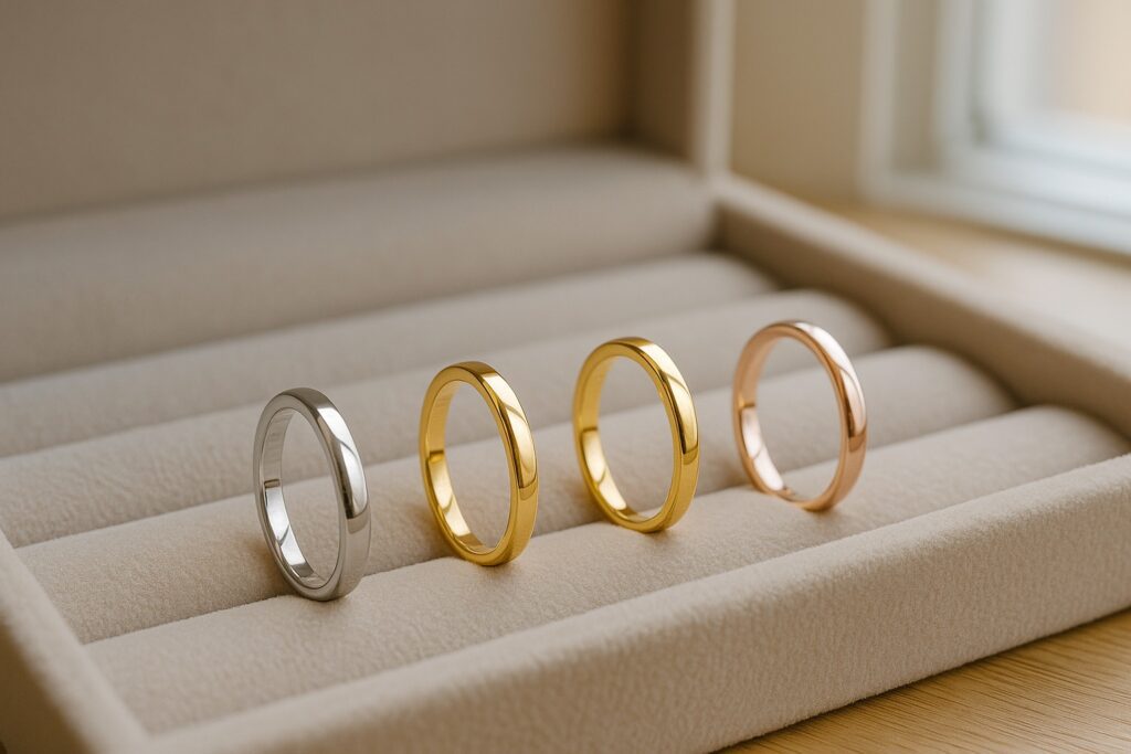 Platinum, white gold, yellow gold, and rose gold engagement ring bands displayed on a velvet tray.