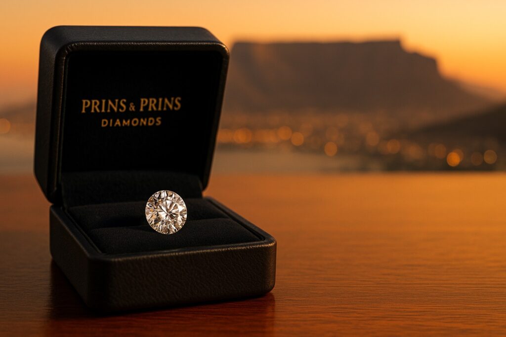 Brilliant-cut diamond in a Prins & Prins signature box with Table Mountain in the background.