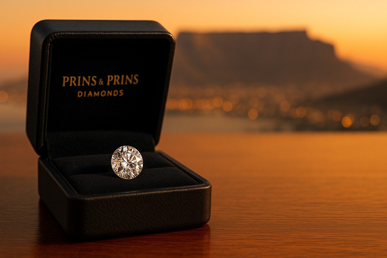 Brilliant-cut diamond in a Prins & Prins signature box with Table Mountain in the background.