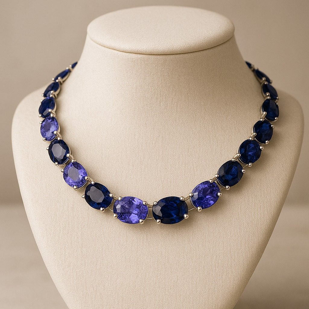Necklace featuring alternating tanzanite and sapphire gems.