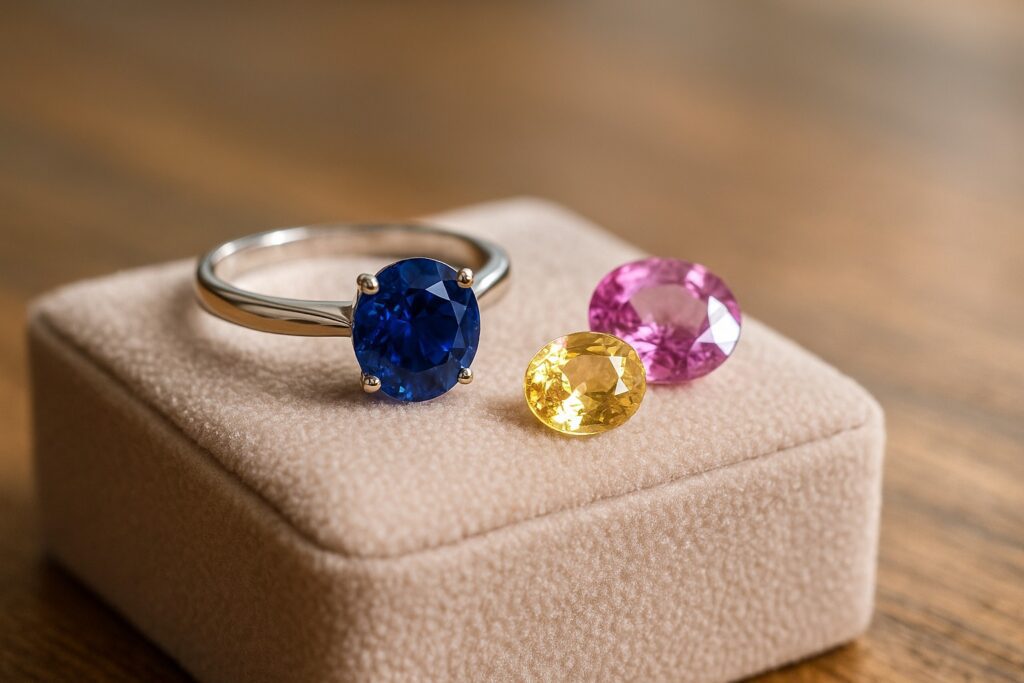 Blue, pink, and yellow sapphires displayed as engagement ring options.