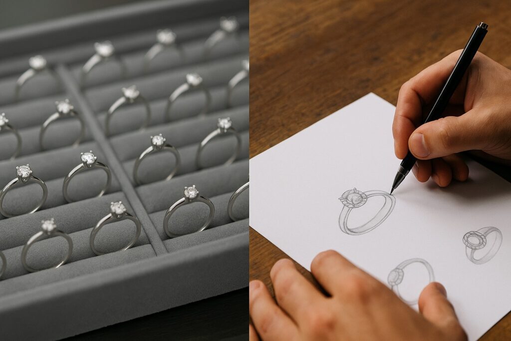 Comparison of mass-produced rings vs bespoke hand-drawn engagement ring design.