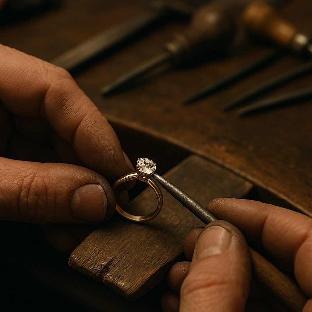 Goldsmith setting a natural diamond into a bespoke ring.