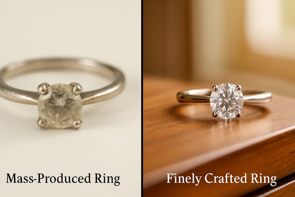 Comparison of poor-quality mass-produced ring and finely crafted engagement ring.