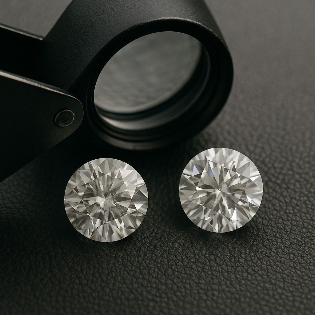Jeweller’s loupe showing the difference between flawless and included diamonds.