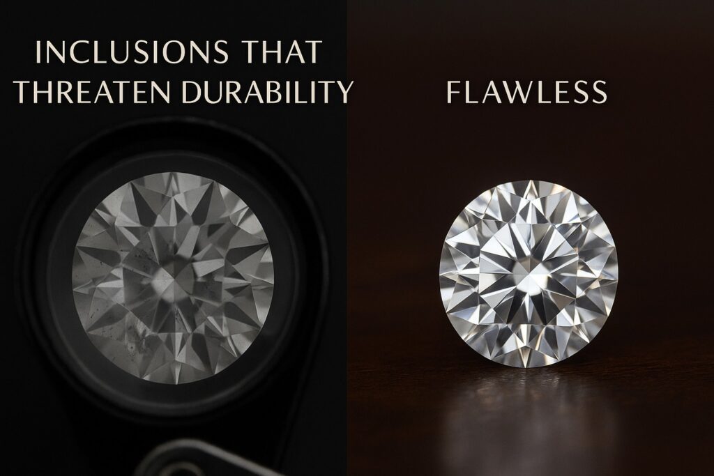 Diamond under magnification showing inclusions, compared with a flawless diamond.