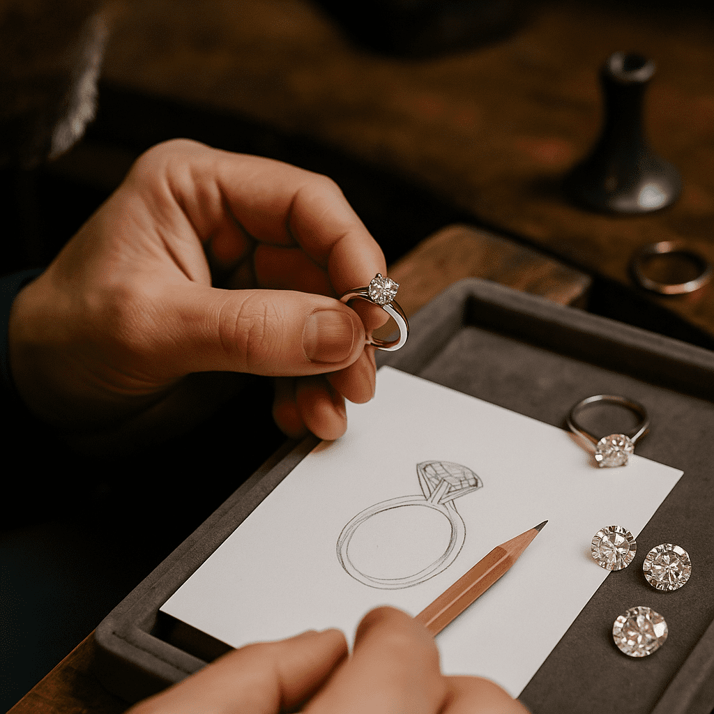 A master jeweller holds a finished diamond engagement ring while pointing to a detailed sketch of the same design, with loose diamonds and tools on the workbench.