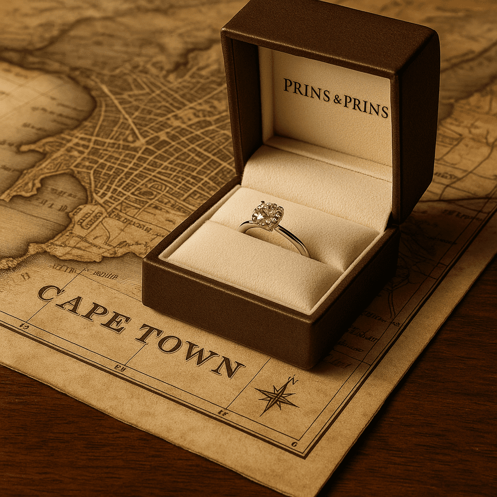 An open Prins & Prins jewellery box containing a diamond engagement ring placed on a vintage map of Cape Town, symbolising heritage and luxury.