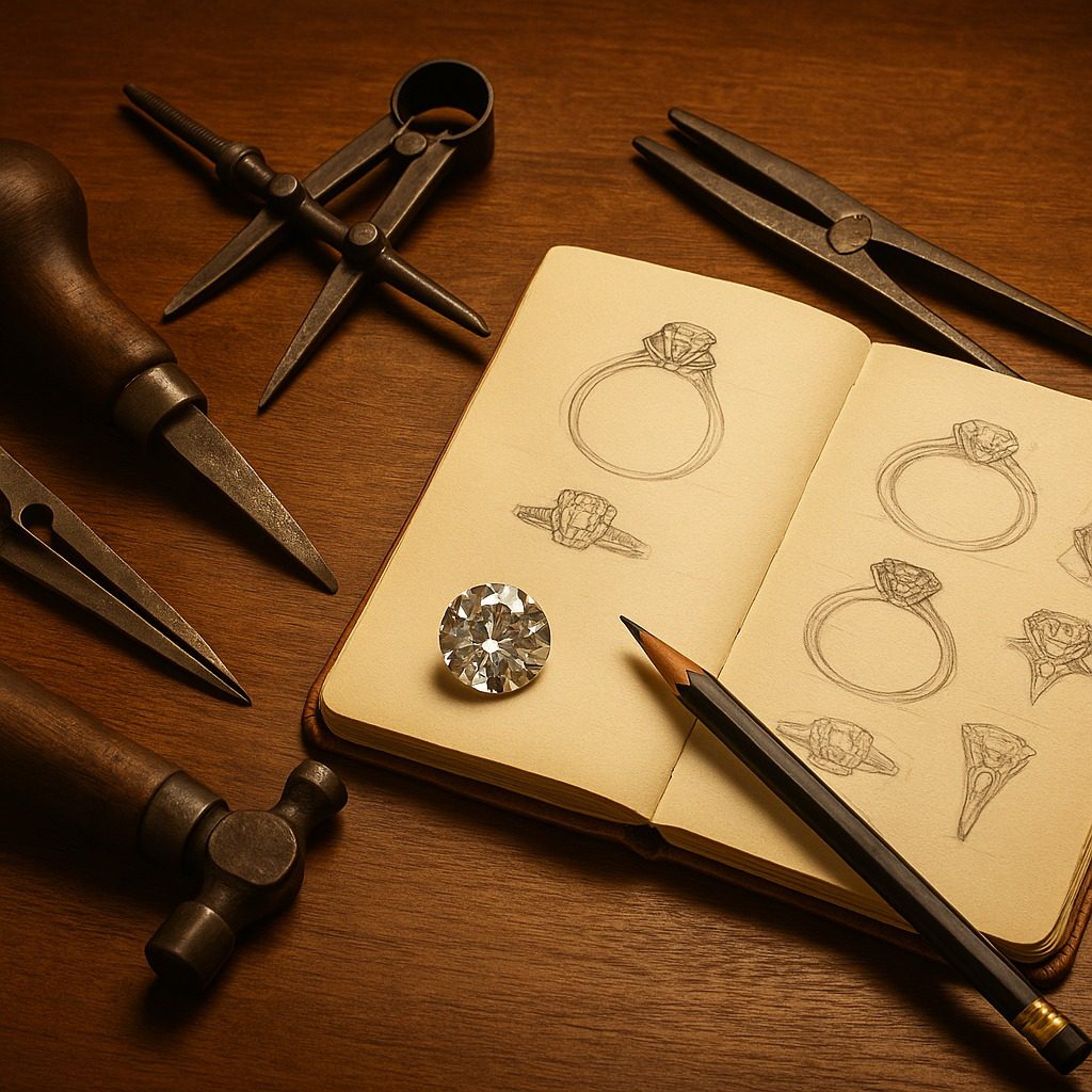 Antique jeweller’s tools, design sketches, and a loose diamond symbolising Cape Town’s craftsmanship.