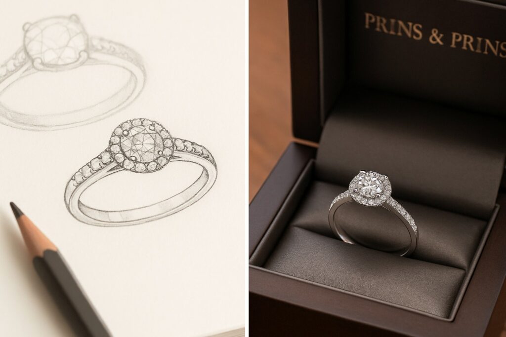 Comparison of a hand-drawn ring design and the finished bespoke engagement ring.