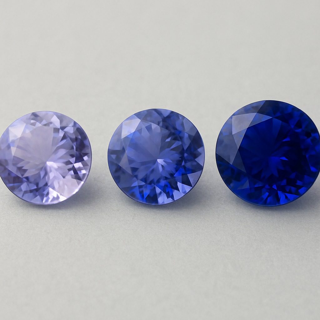 Comparison of tanzanite colour saturation from pale lavender to deep violet-blue.