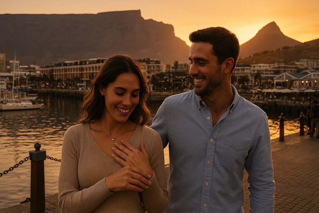 Couple at Cape Town’s V&A Waterfront, woman admiring her diamond ring.