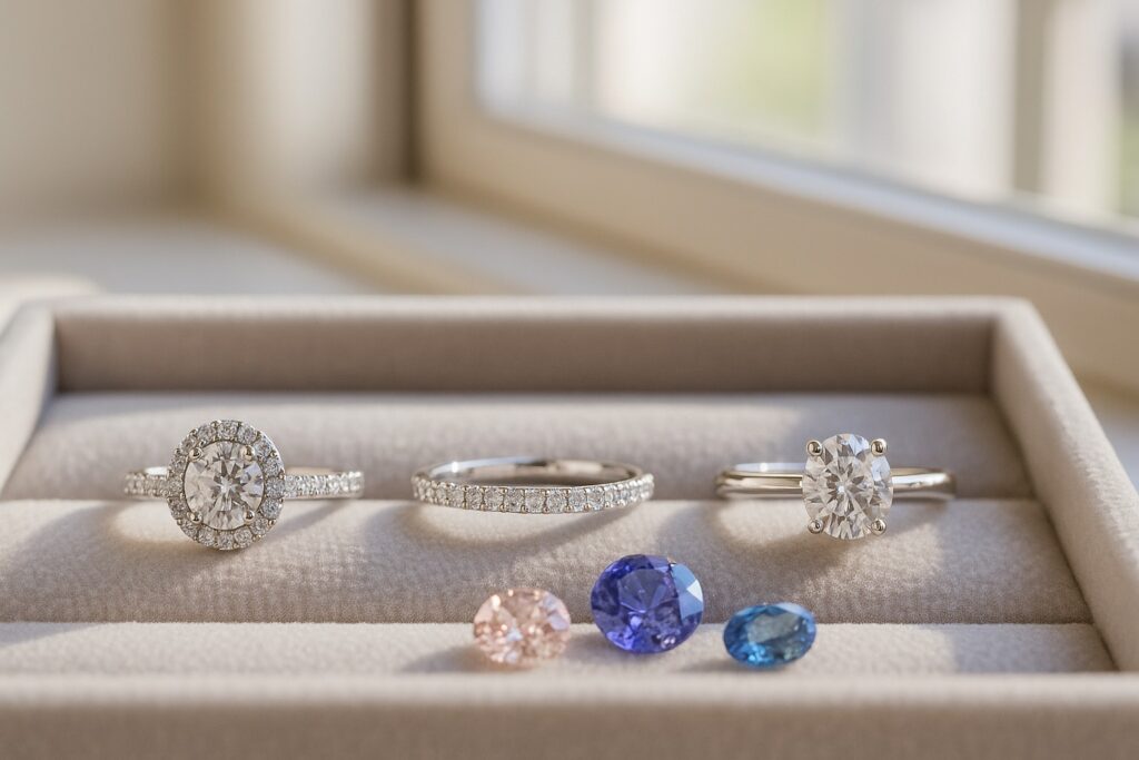 Halo, pavé, and solitaire engagement rings displayed together.