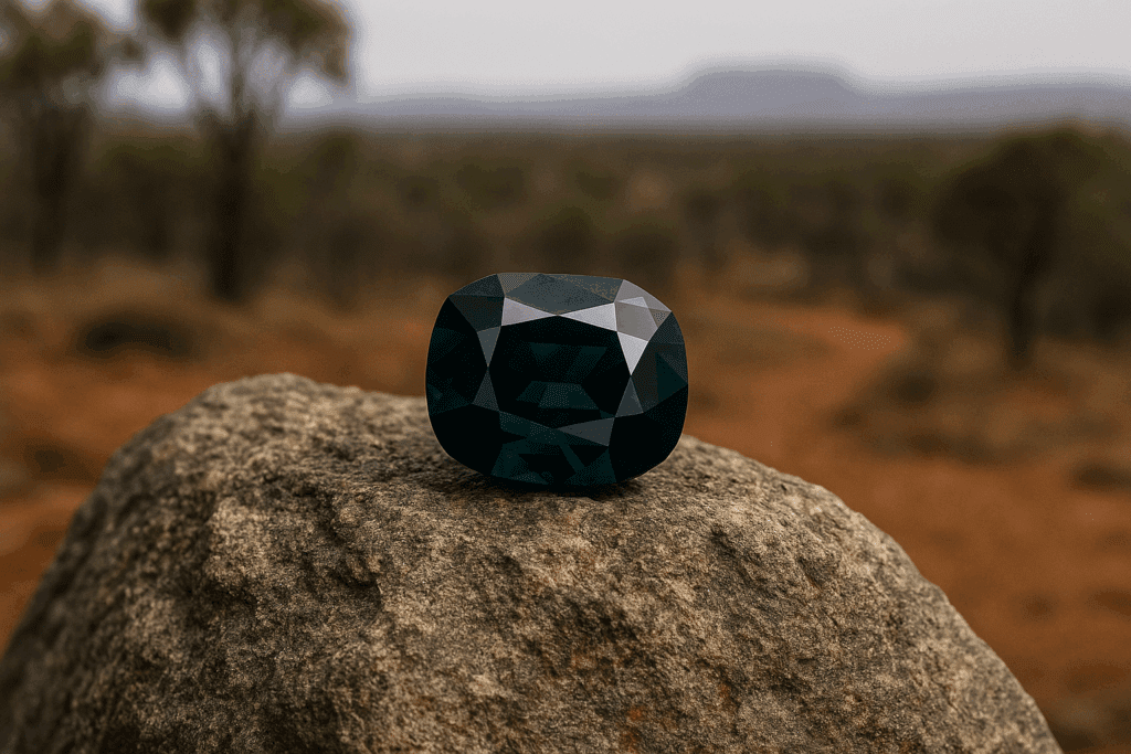 7. Australia Prompt: A dark blue-green Australian sapphire displayed on rough stone, photographed outdoors with the Australian outback faintly visible in the distance. Mood: Rugged, distinctive, authentic Ratio: 4:3 Alt text: “An Australian sapphire with its characteristic darker blue-green hues, photographed against an outback landscape.”