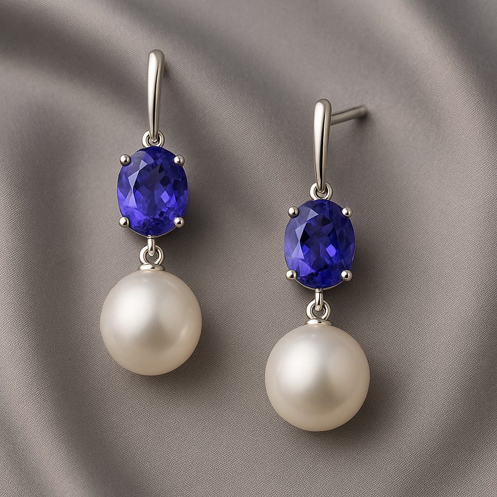 Tanzanite and pearl drop earrings symbolising modern elegance.