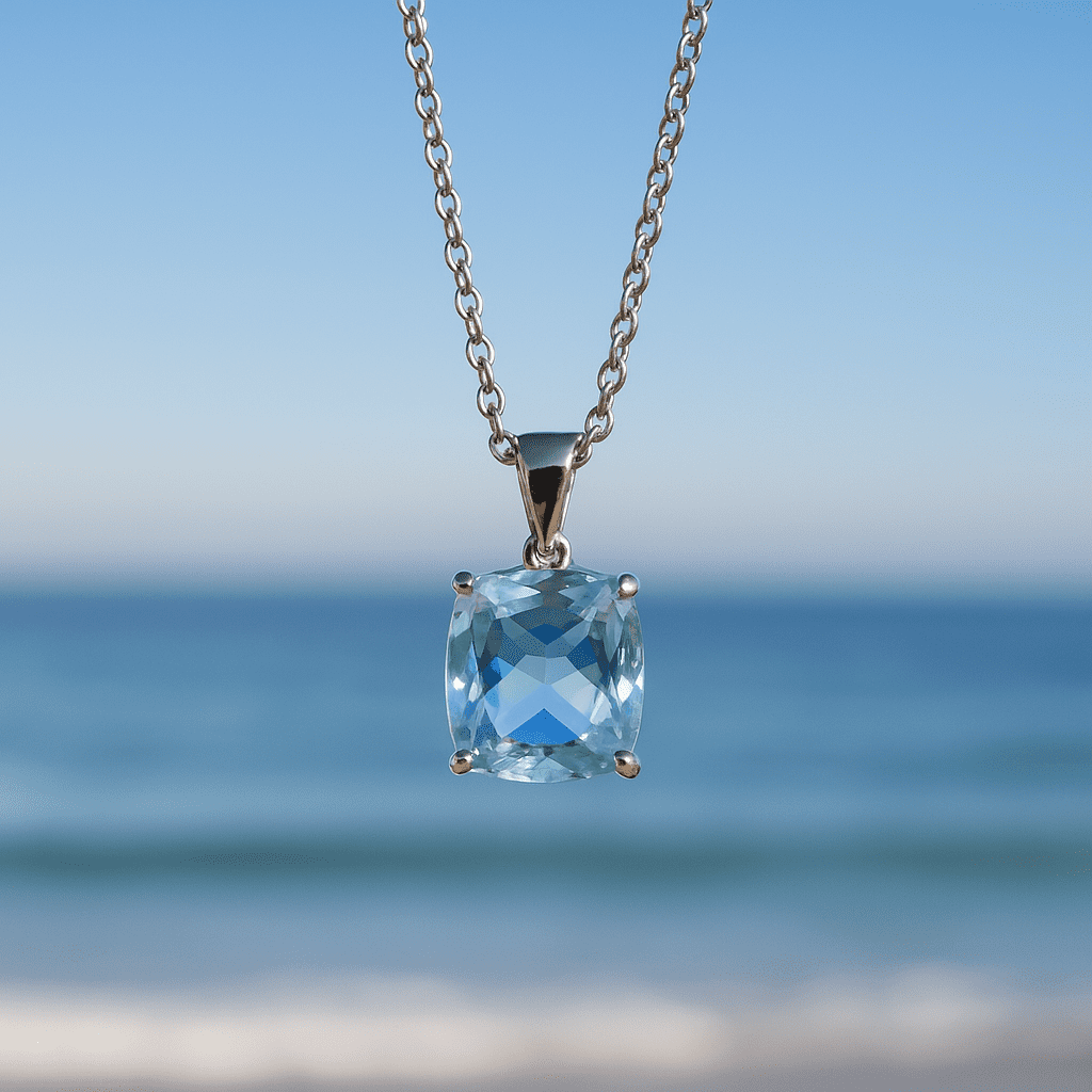 A cushion-cut aquamarine pendant on a silver chain is suspended against the backdrop of Cape Town’s ocean horizon, with the sky and sea blending in soft blue tones.