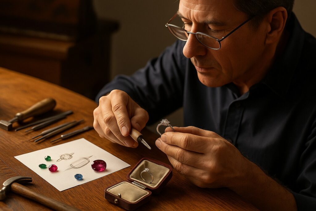 Master goldsmith at workbench crafting a diamond ring, symbolising generations of skill.